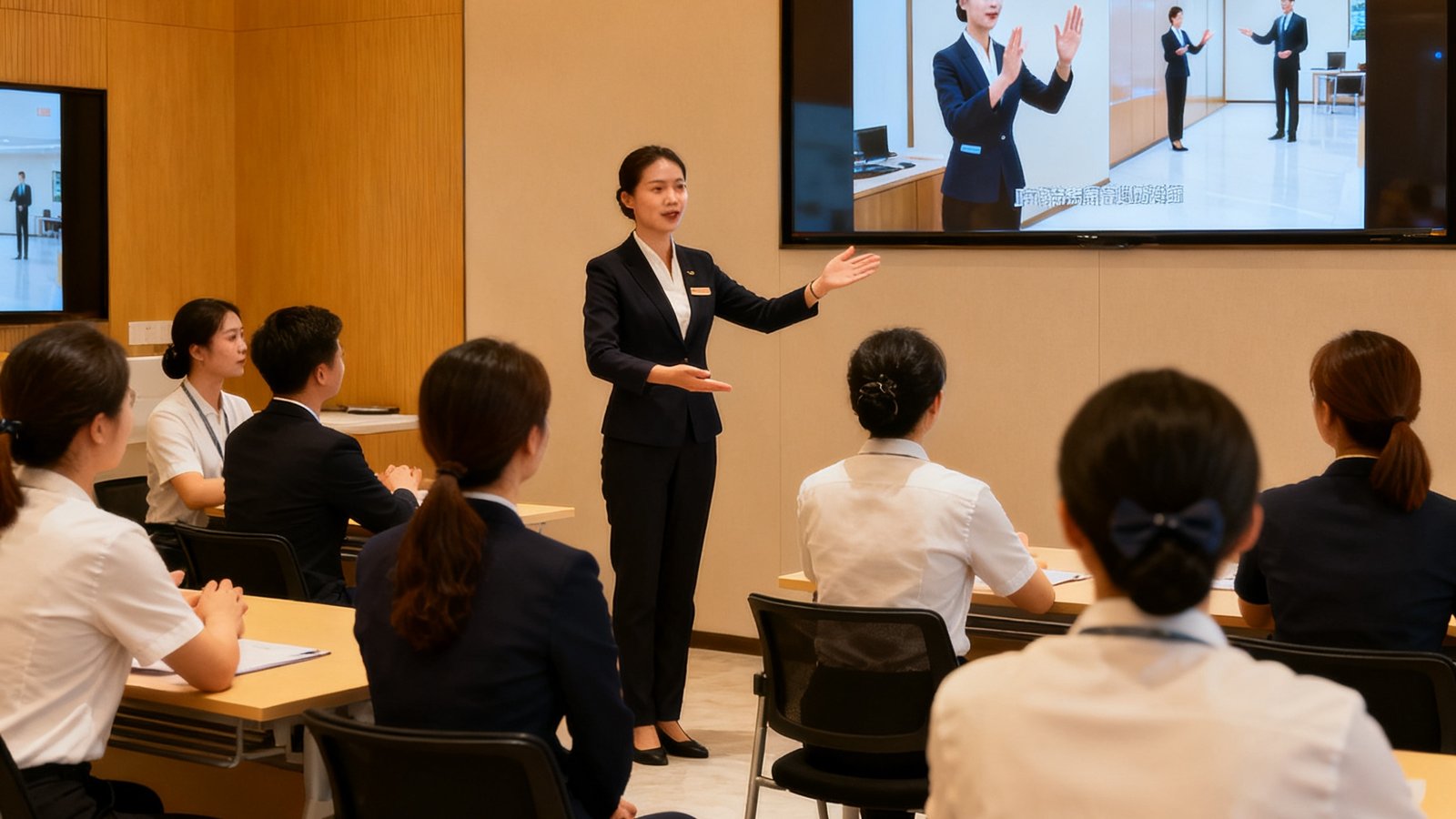 培训教室内学员们正在进行模拟商务接待演练，培训师展示标准手势，墙上屏幕播放着服务流程教学视频