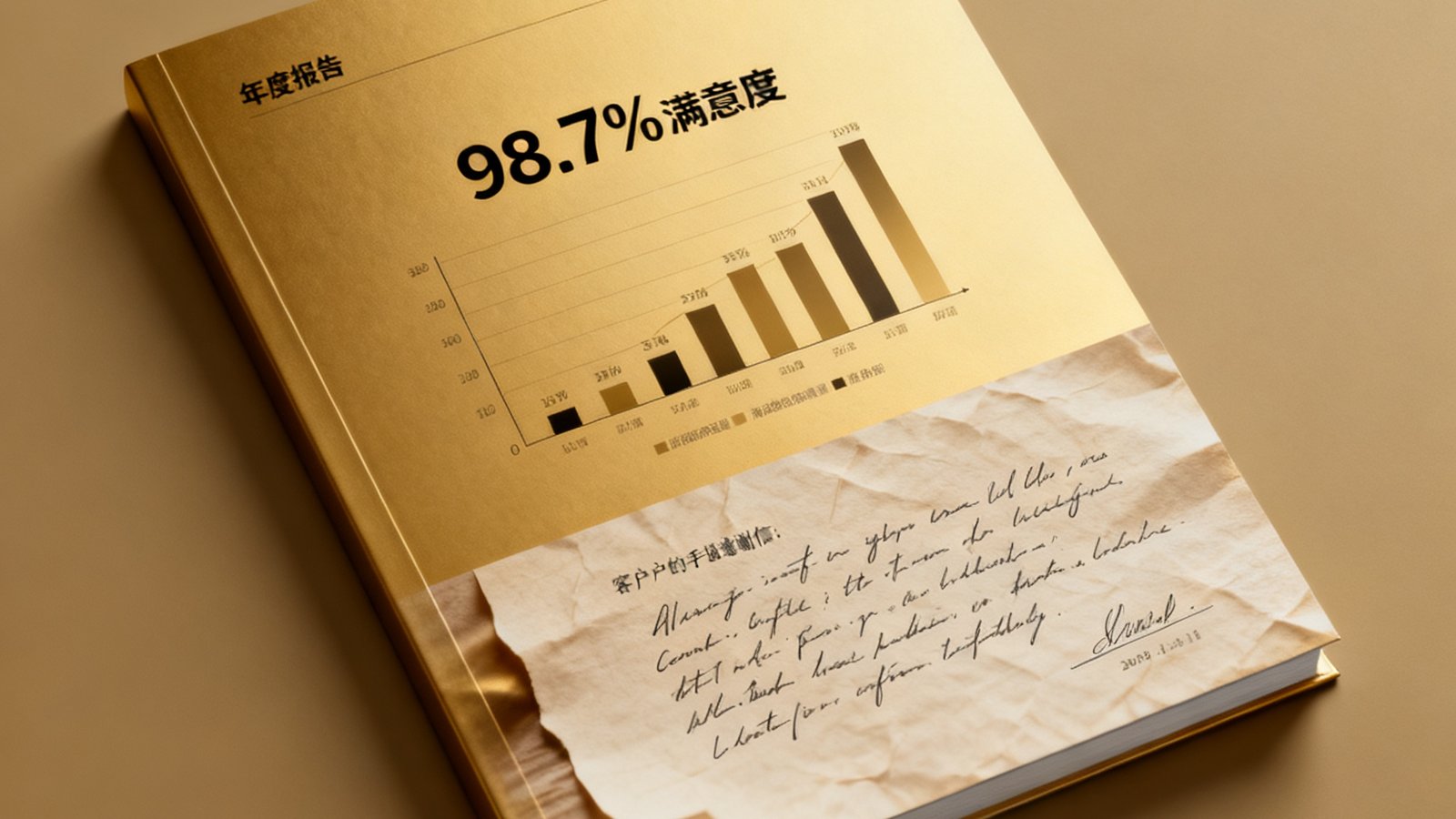 一份精美的年度报告封面，上面印有98.7%满意度数据图表和客户手写感谢信的背景纹理